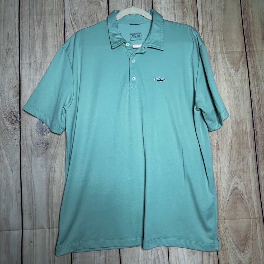 Patagonia Polo Shirt Mens L Blue Green Fitz Roy Trout Logo Gorpcore Performance